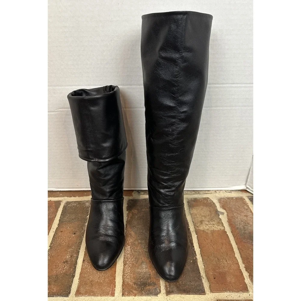 Vintage 80s Joyce Black Leather Boots Mid-Heel Fold Over Knee High Women's 6